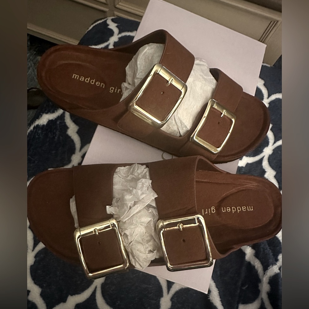 Madden Girl Brown Sandals with Gold Buckles